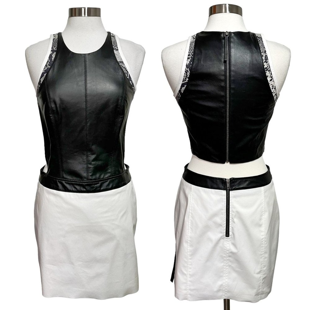 Helmut Lang Size 8 Sleeveless Black Leather Snake Trim Cut Out Knee Length Dress